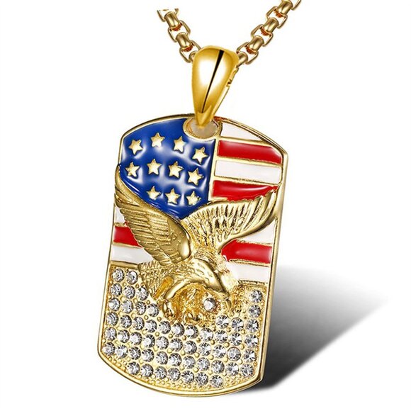 Gold American Flag Eagle Dog Tag Pendant Stainless Steel Patriotic Necklace - Picture 5 of 10